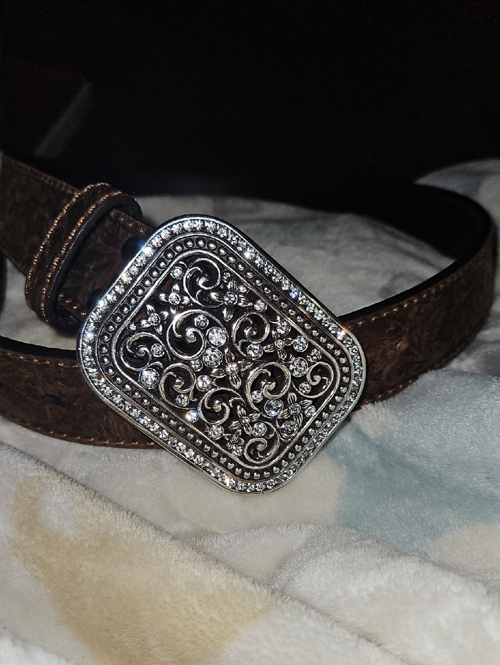 Ariat Brown Leather Belt with Ornate Silver Crystal Buckle